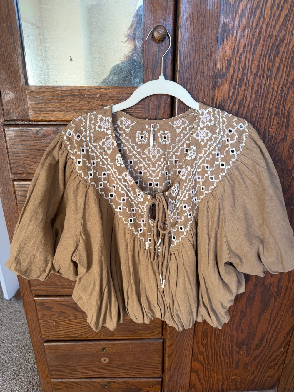 Free people Embroidered Peasant Blouse - Tan with White Detail